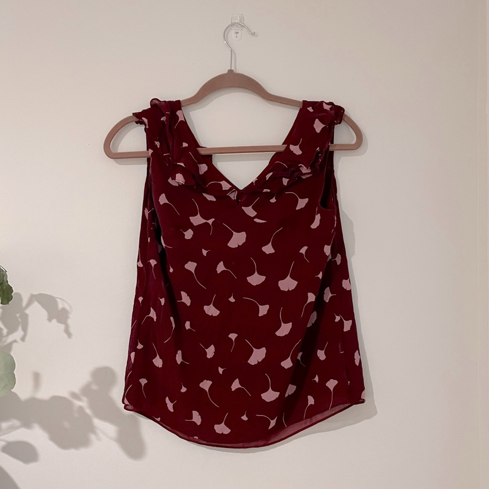 Ginkgo leaf pink and burgundy sleeveless blouse with flutter sleeve